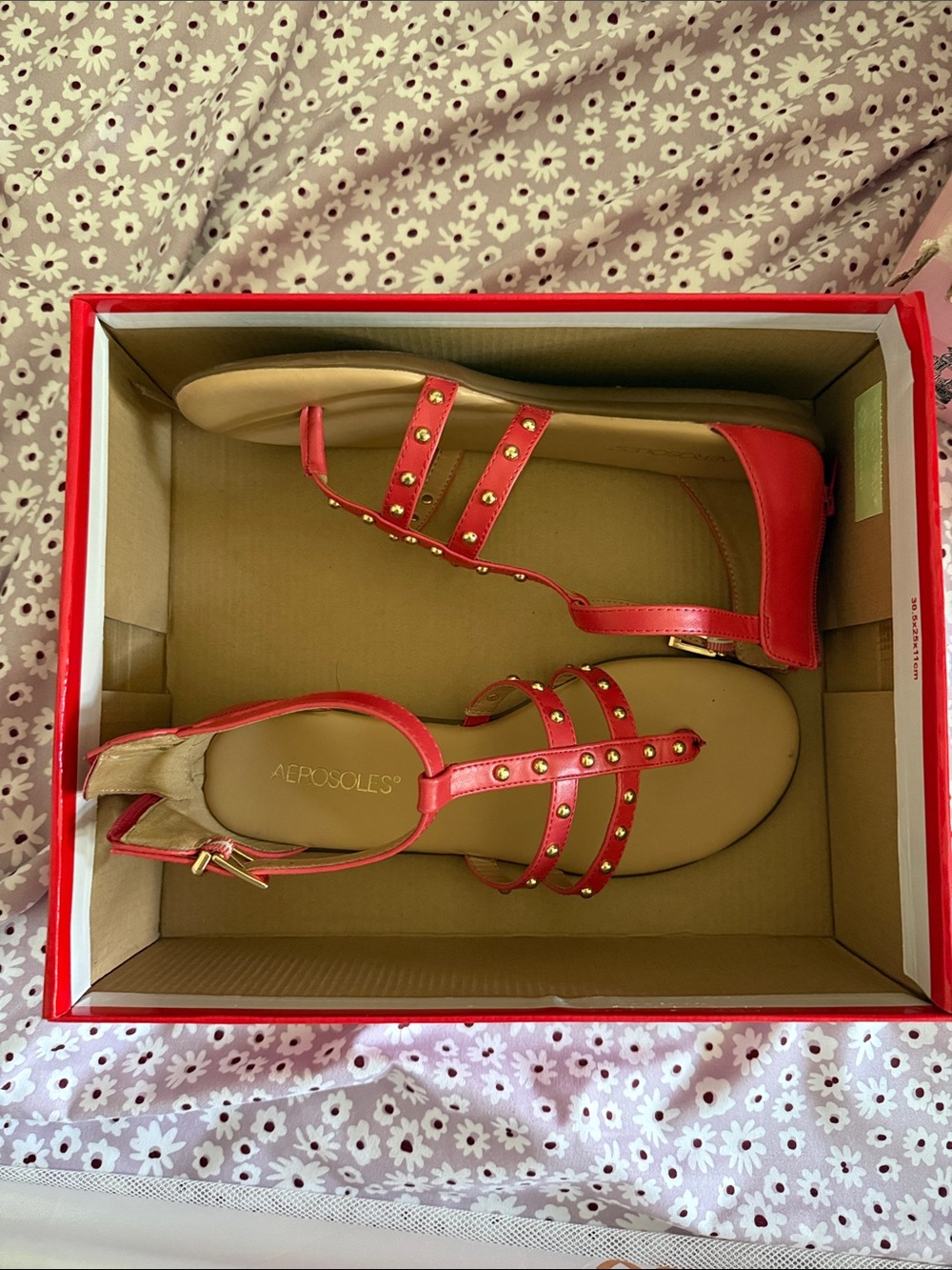 AEROSOLES Red Studded Strappy Flat Sandals